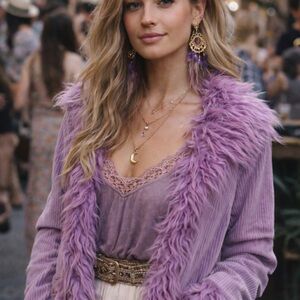 NWT Reserve Fairfax Purple Faux Fur Trim Corduroy Jacket Boho Festival L Cropped